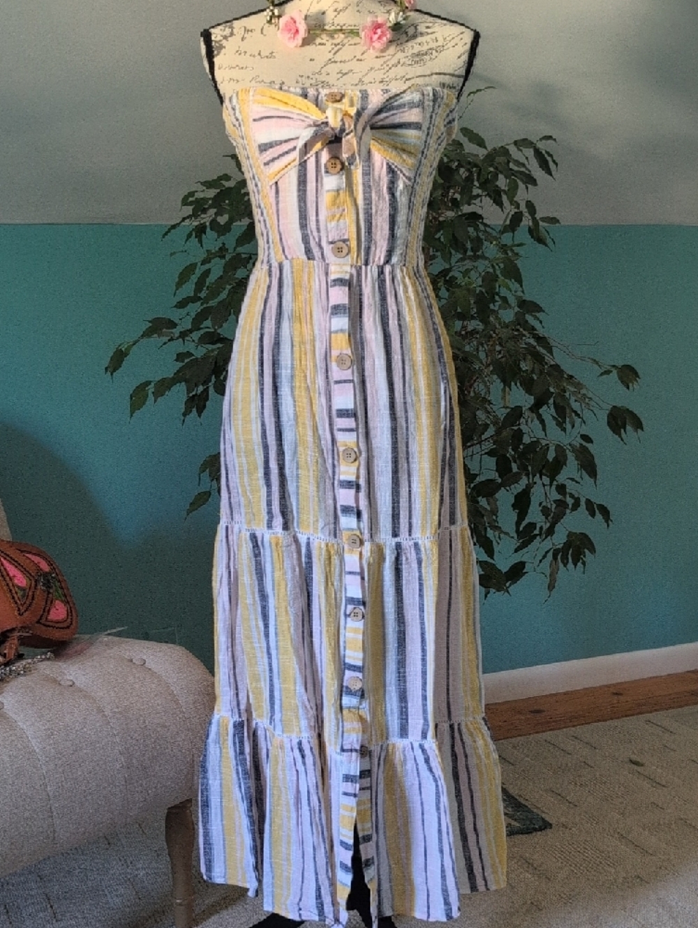 blue island Striped Yellow, Cream & Blue Button-Front Maxi Dress🧚